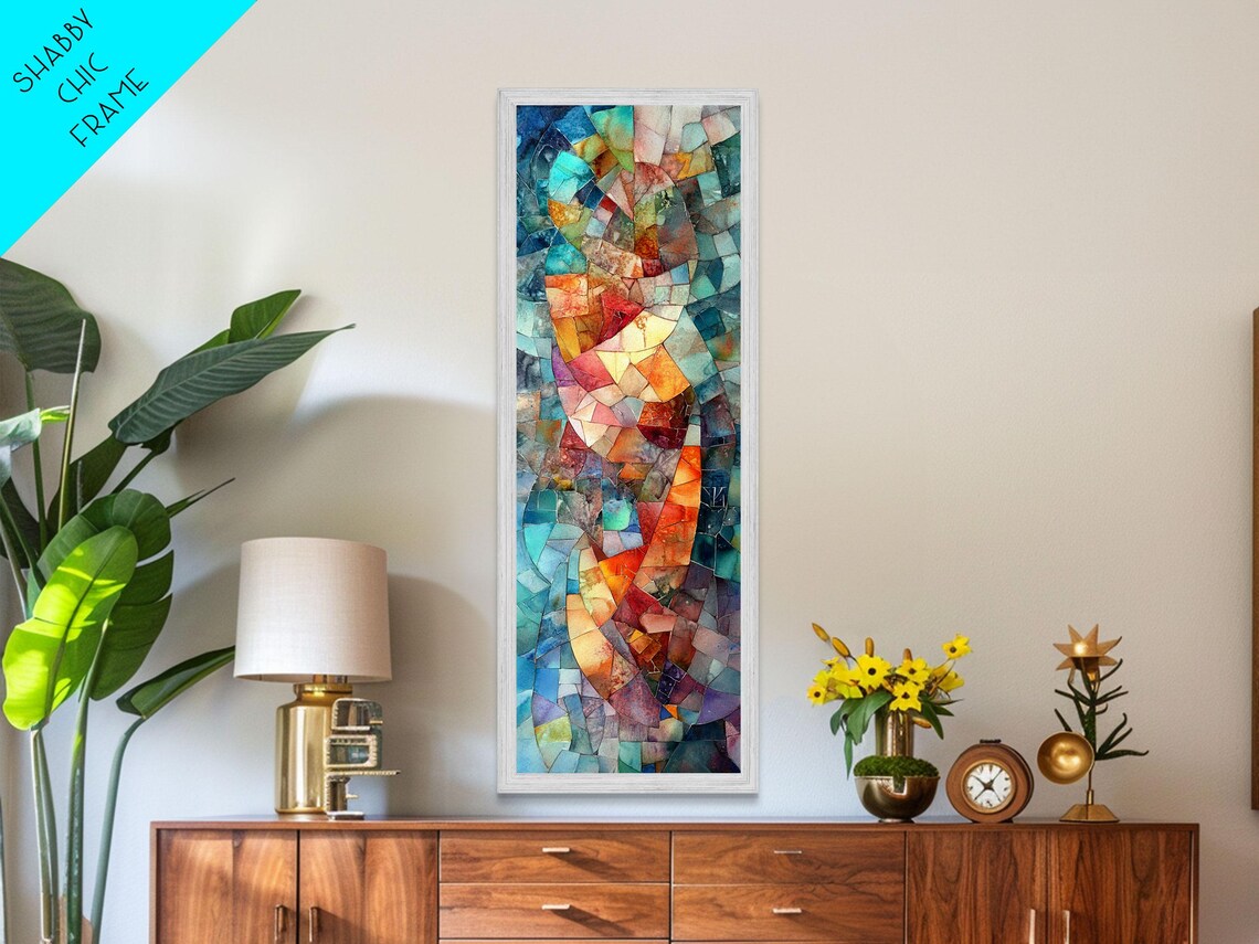 Soft Pastel Mosaic Abstract Muted Tones Blue Pink Peach Coastal Vertical Poster - Image 3