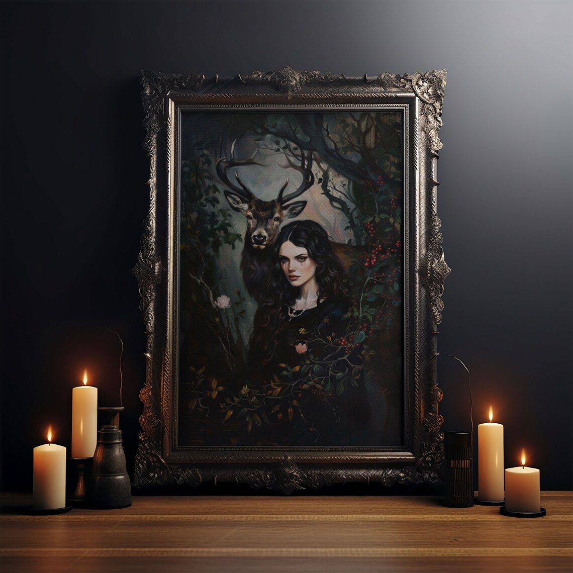 Mystical Woman With Stag In Enchanted Dark Forest Gothic Art Poster - Image 4