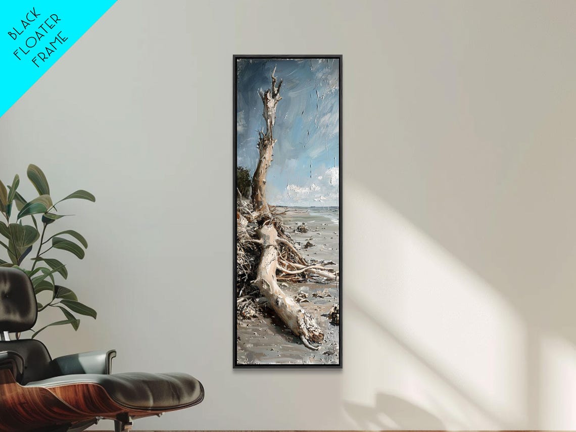 Driftwood Tree Trunk Sandy Beach Calm Ocean Coastal Scene Poster - Image 4