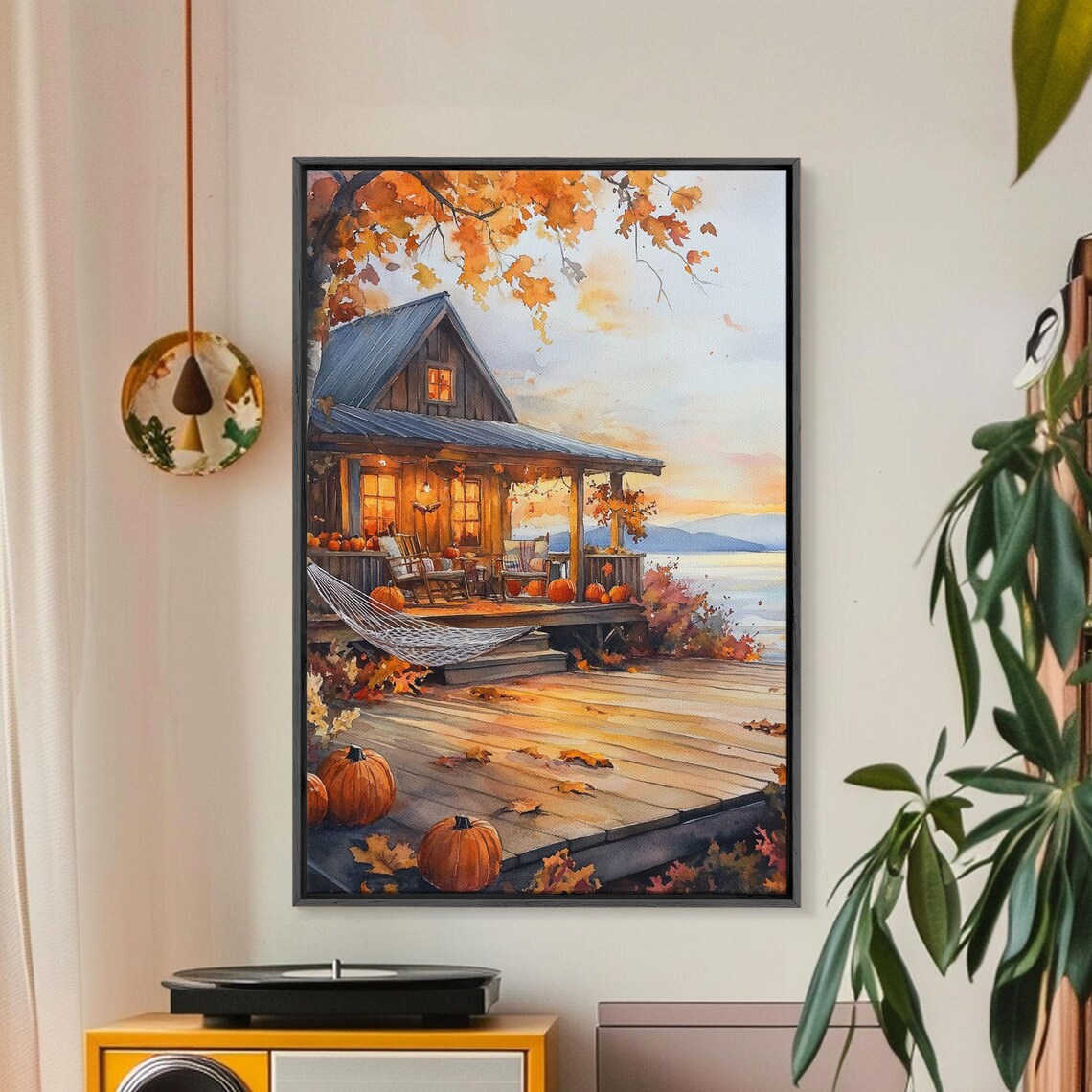 Cozy Autumn Cabin Porch With Pumpkins Hammock Lake View Poster - Image 4