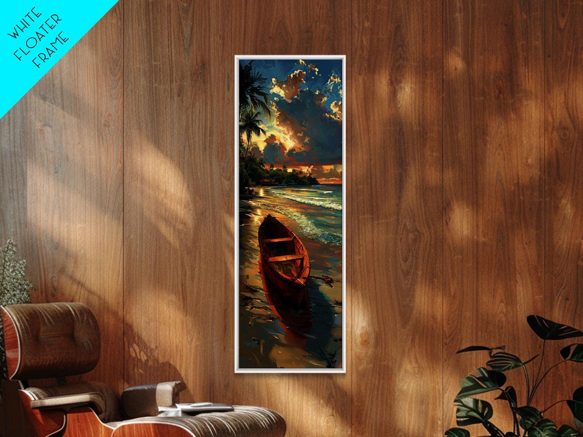 Red Boat Tropical Shoreline Sunset Palms Dramatic Clouds Art Poster - Image 3