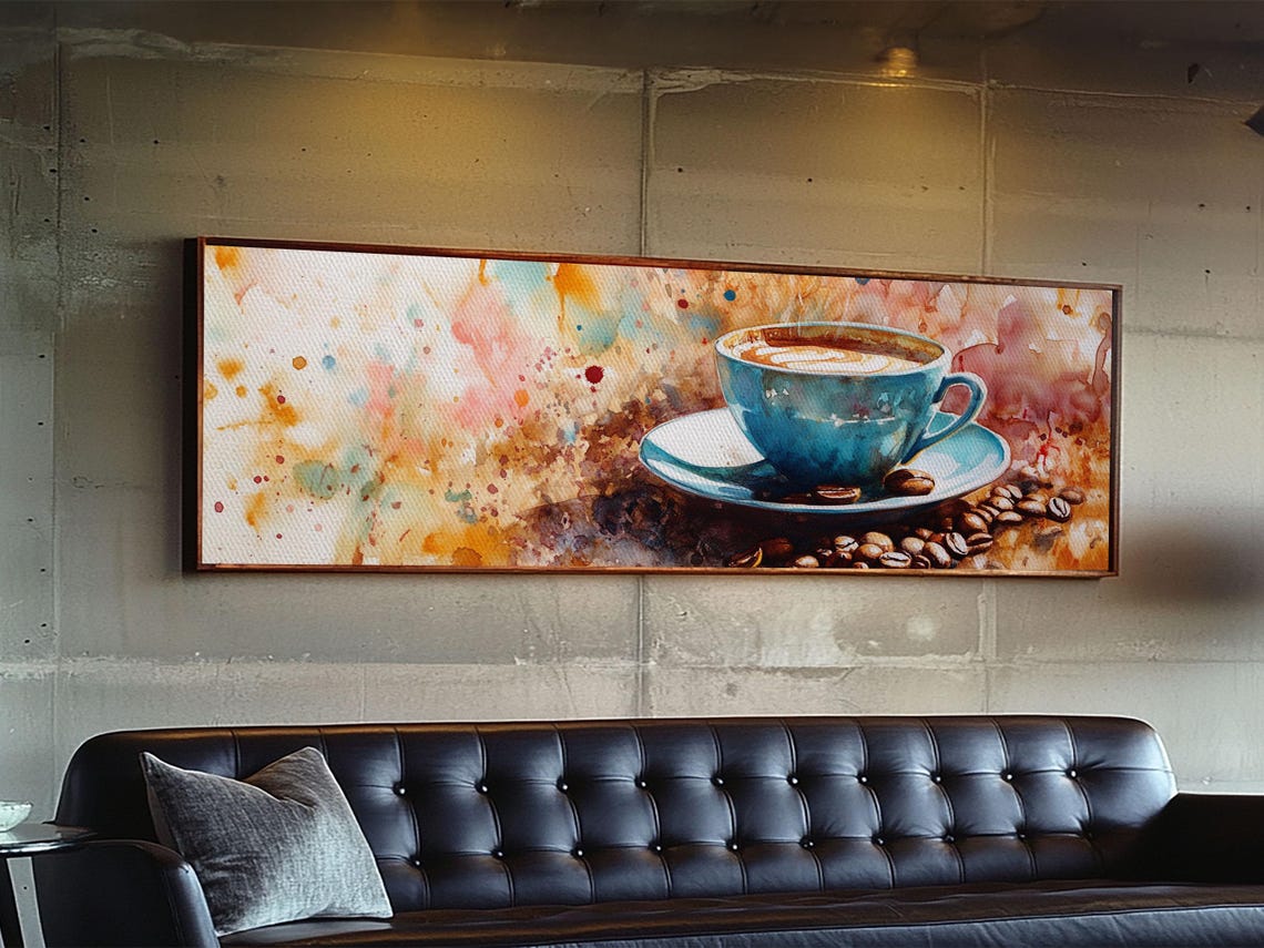 Latte Art Coffee Cup Watercolor Panoramic Colorful Kitchen Wall Poster - Image 2