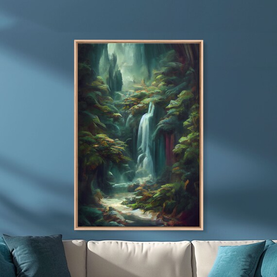 Waterfall In The Forest Print Fantasy Wall Art Watercolor Print High Fantasy Nature Landscape Living Room Wall Art