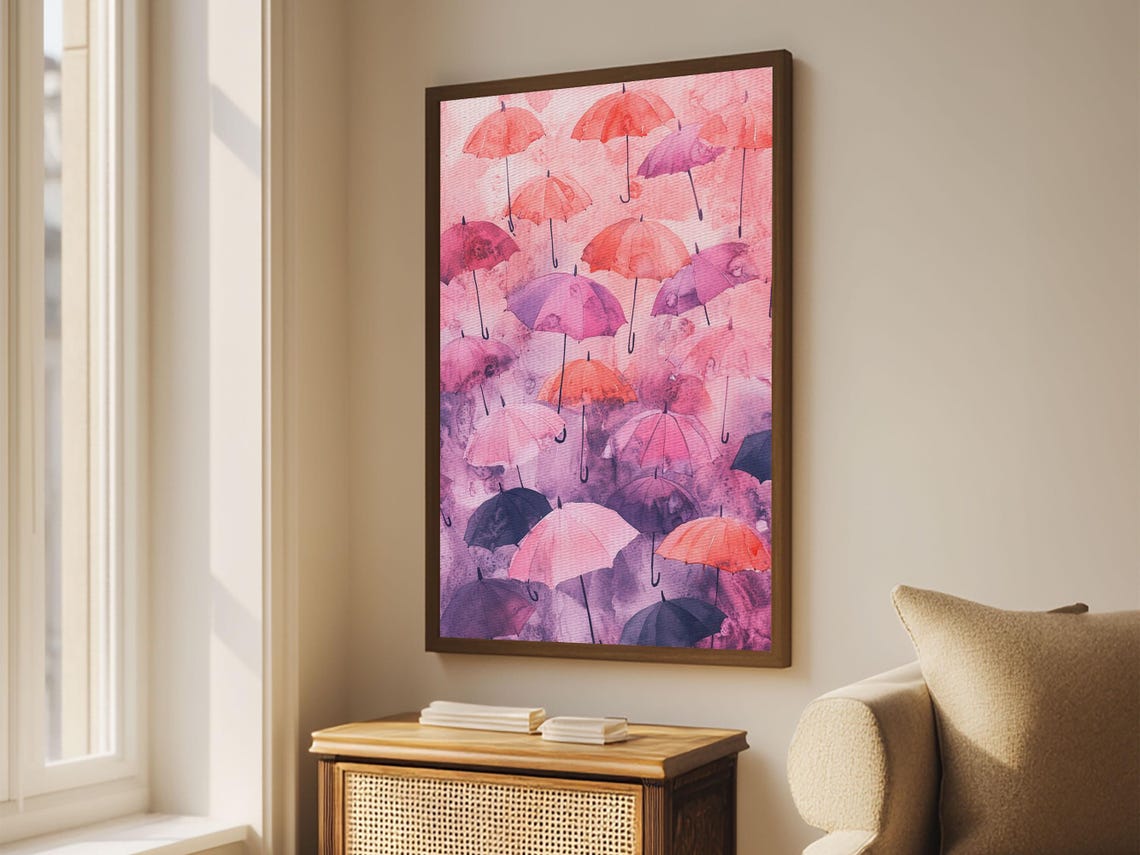 Floating Pink Purple Umbrellas Watercolor Art Print Whimsical Poster - Image 3