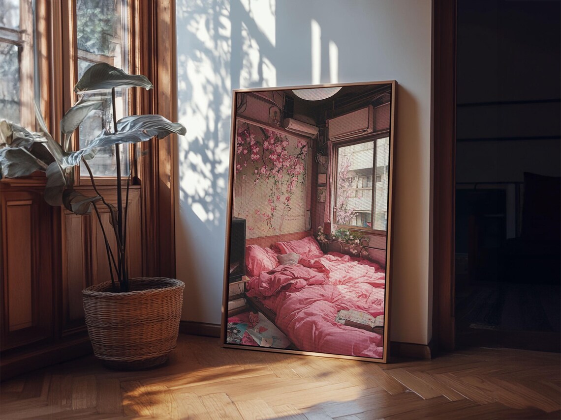 Cozy Pink Bedroom Cherry Blossom Dreamy Interior Room Art Wall Poster - Image 4
