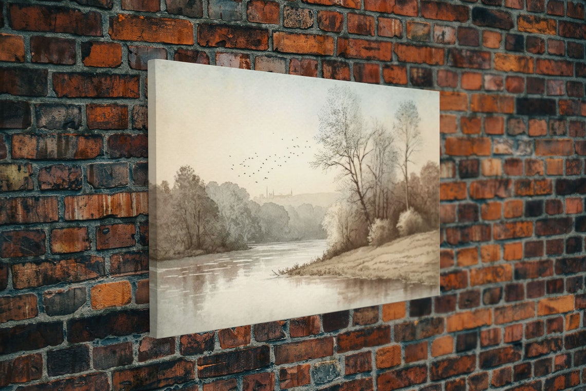 Vintage River Landscape Birds Trees Soft Sepia Countryside Art Poster