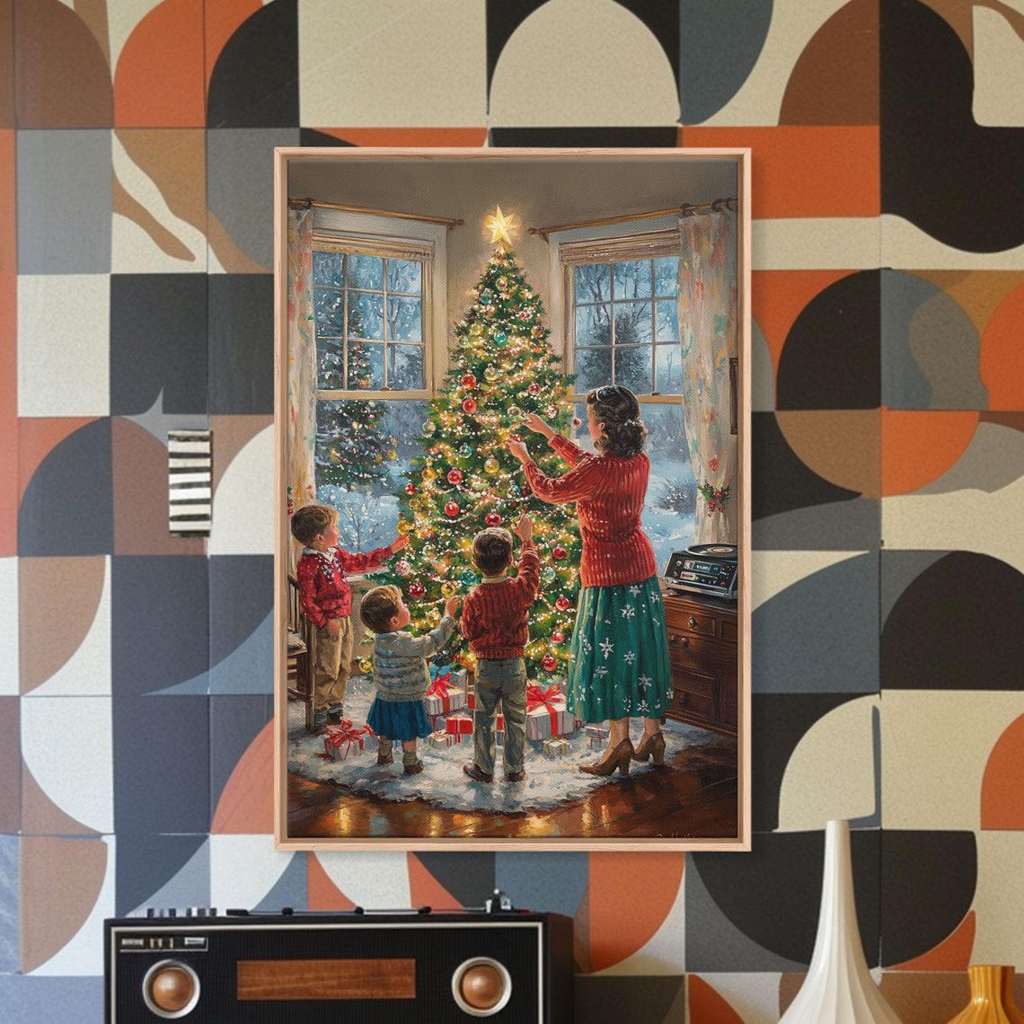 Retro Family Decorating Christmas Tree In Living Room Poster