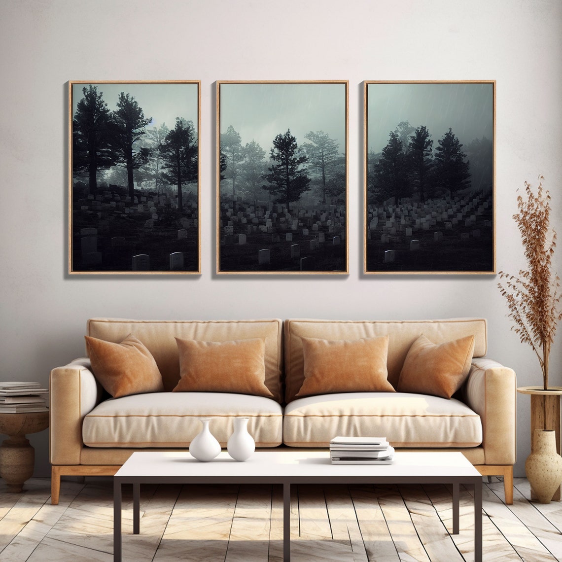 Spooky Foggy Graveyard With Dark Pines Three Piece Haunting Print - Image 6