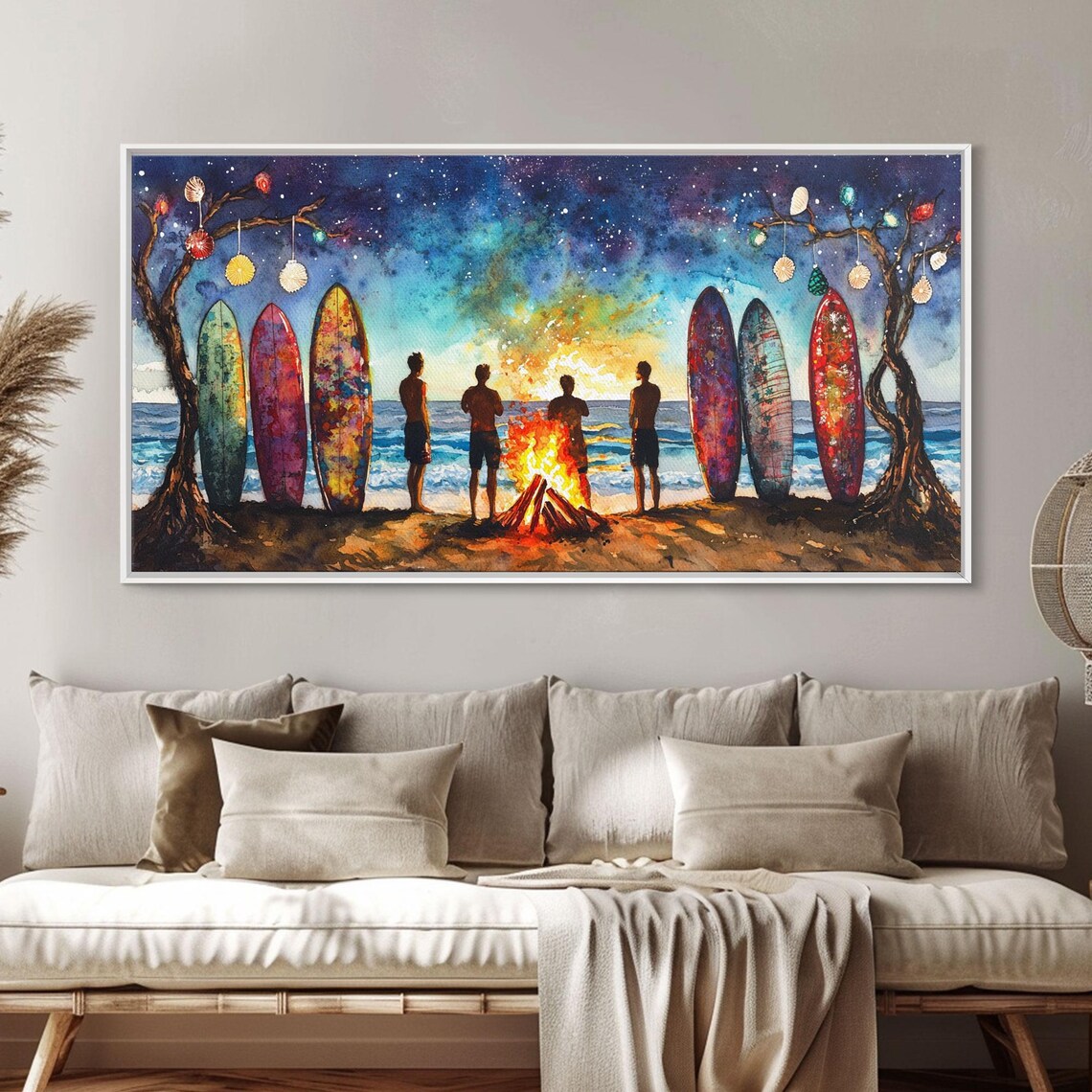 Beach Bonfire Christmas Night Surfboards Starry Sky Art Print - Image 4