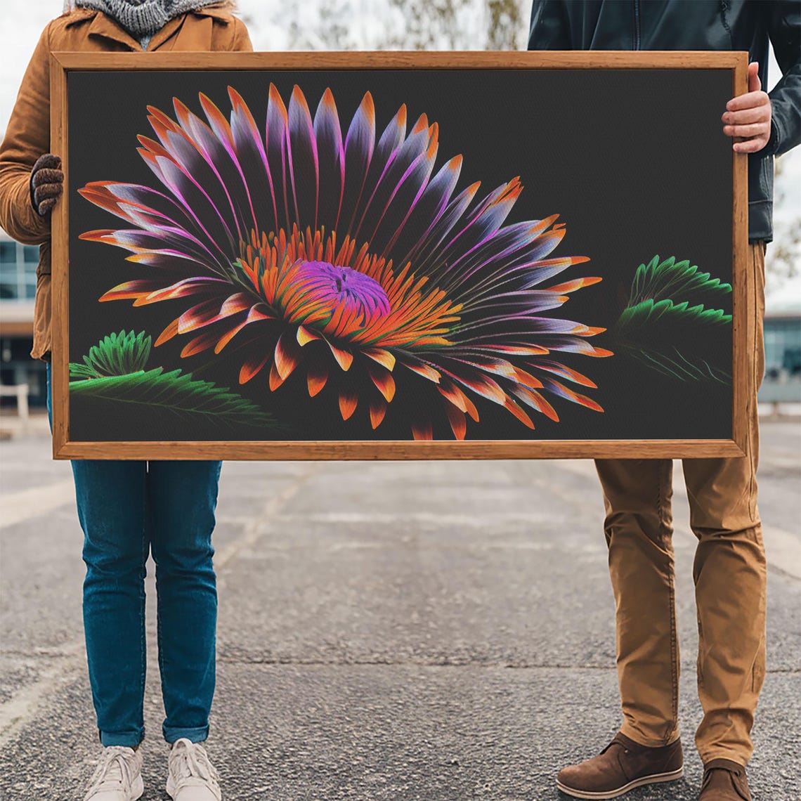 Neon Flower Blooming Dark Background Vibrant Botanical Art Wall Art - Image 3