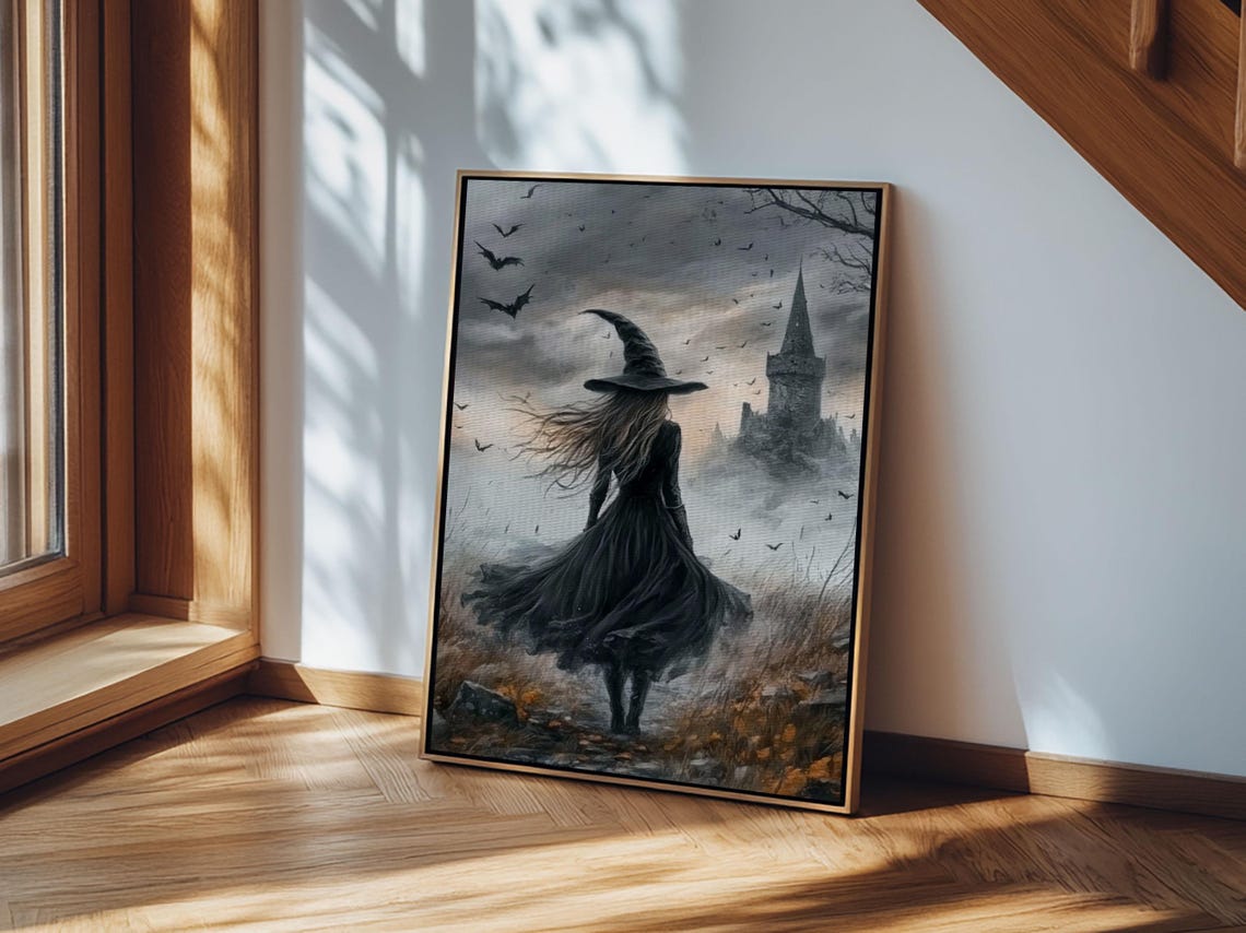 Gothic Witch Walking To Misty Castle Bats Dark Academia Art Print - Image 5