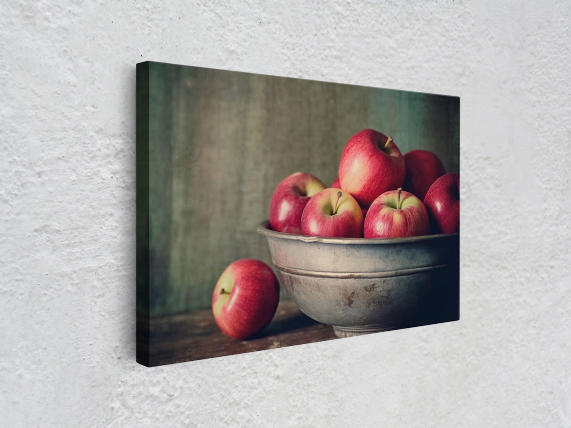 Red Apples In Rustic Bowl Moody Still Life Photography Kitchen Poster - Image 3