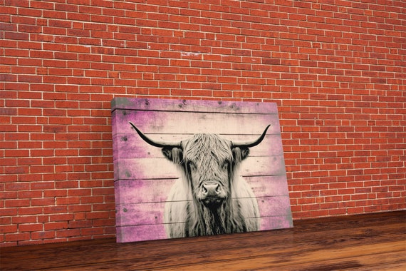 Pink Rustic Cattle Art Framed Print Framed Wall Art Primitive Rustic Minimalist Farmhouse Decor Highland Cattle Distressed Art