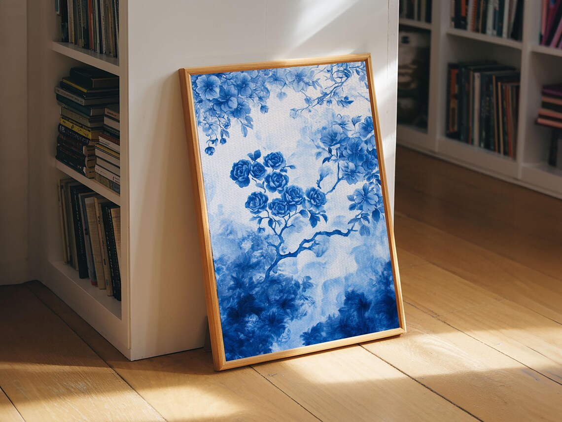 Blue And White Roses Chinoiserie Floral Watercolor Painting Print - Image 2