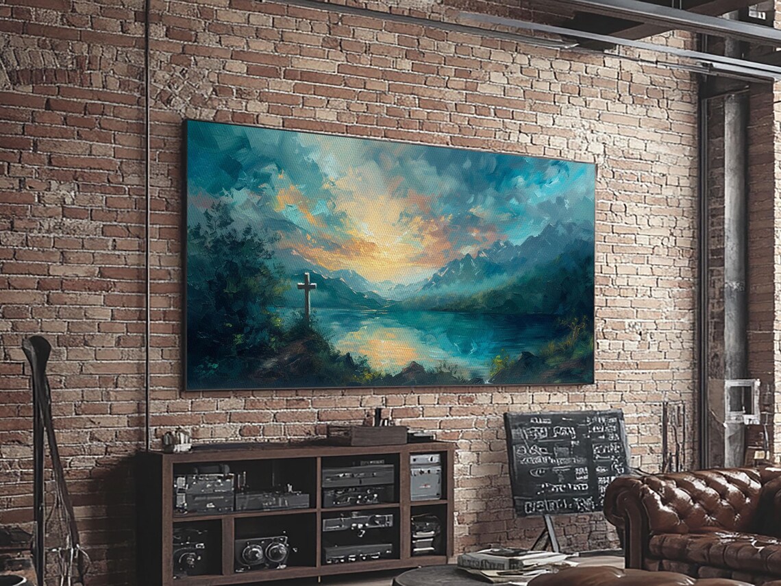 Cross By Mountain Lake Sunrise Oil Painting Peaceful Christian Wall Art Poster - Image 3
