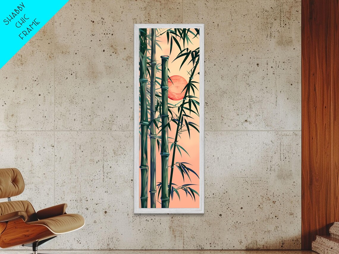 Bamboo Stalks Red Sun Silhouette Sunset Tall Japanese Wall Art - Image 4