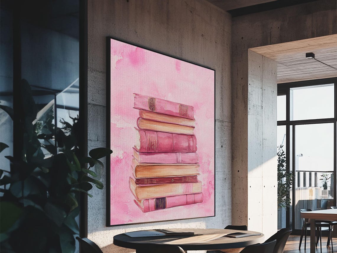Pink Book Stack Watercolor Cozy Reading Library Room Decor Art Print - Image 2