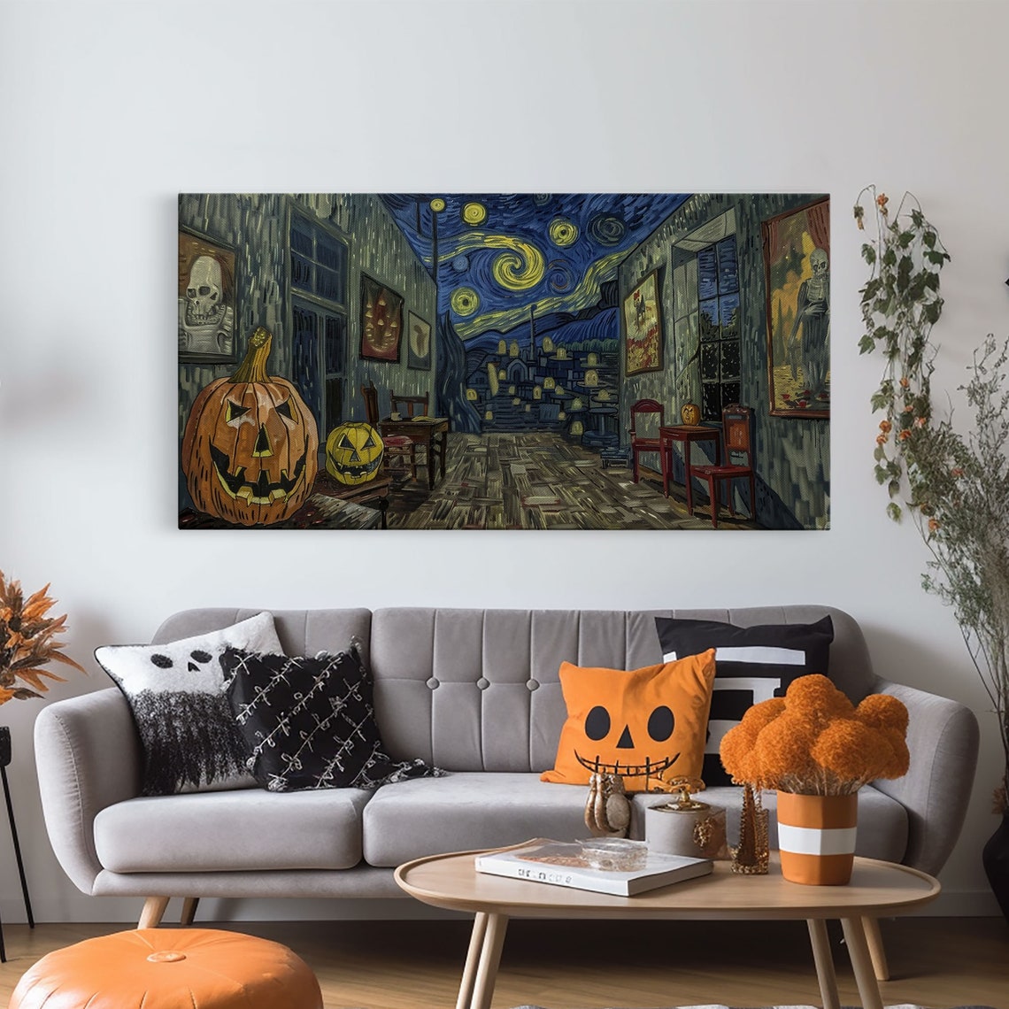 Starry Night Inspired Halloween Decor Framed Print Haunted Grave Yard - Image 5