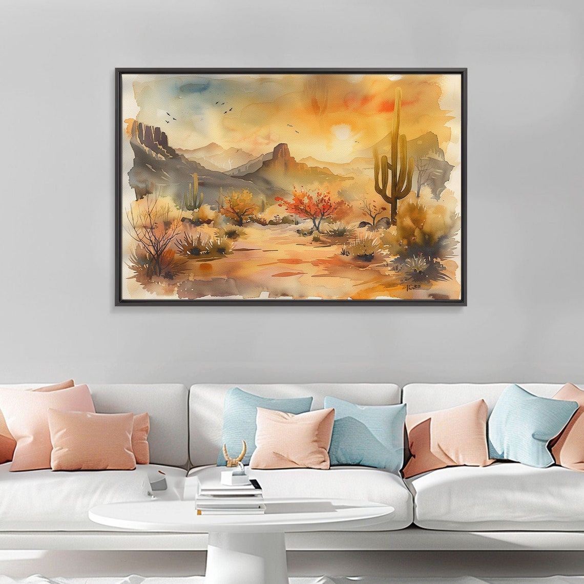 Desert Sunset Watercolor Saguaro Cactus Mesas Birds Southwest Wall Art