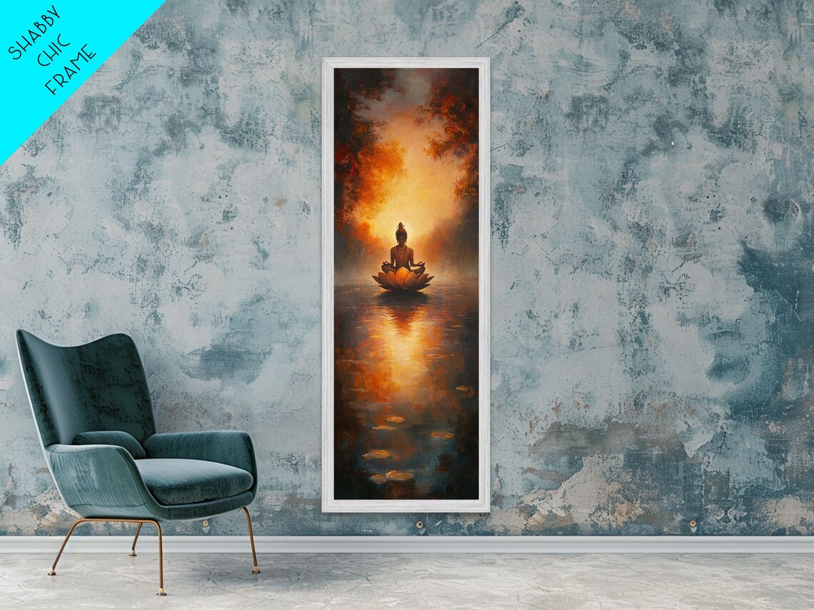 Meditating Figure Lotus Pond Fiery Sunset Spiritual Yoga Wall Art - Image 3