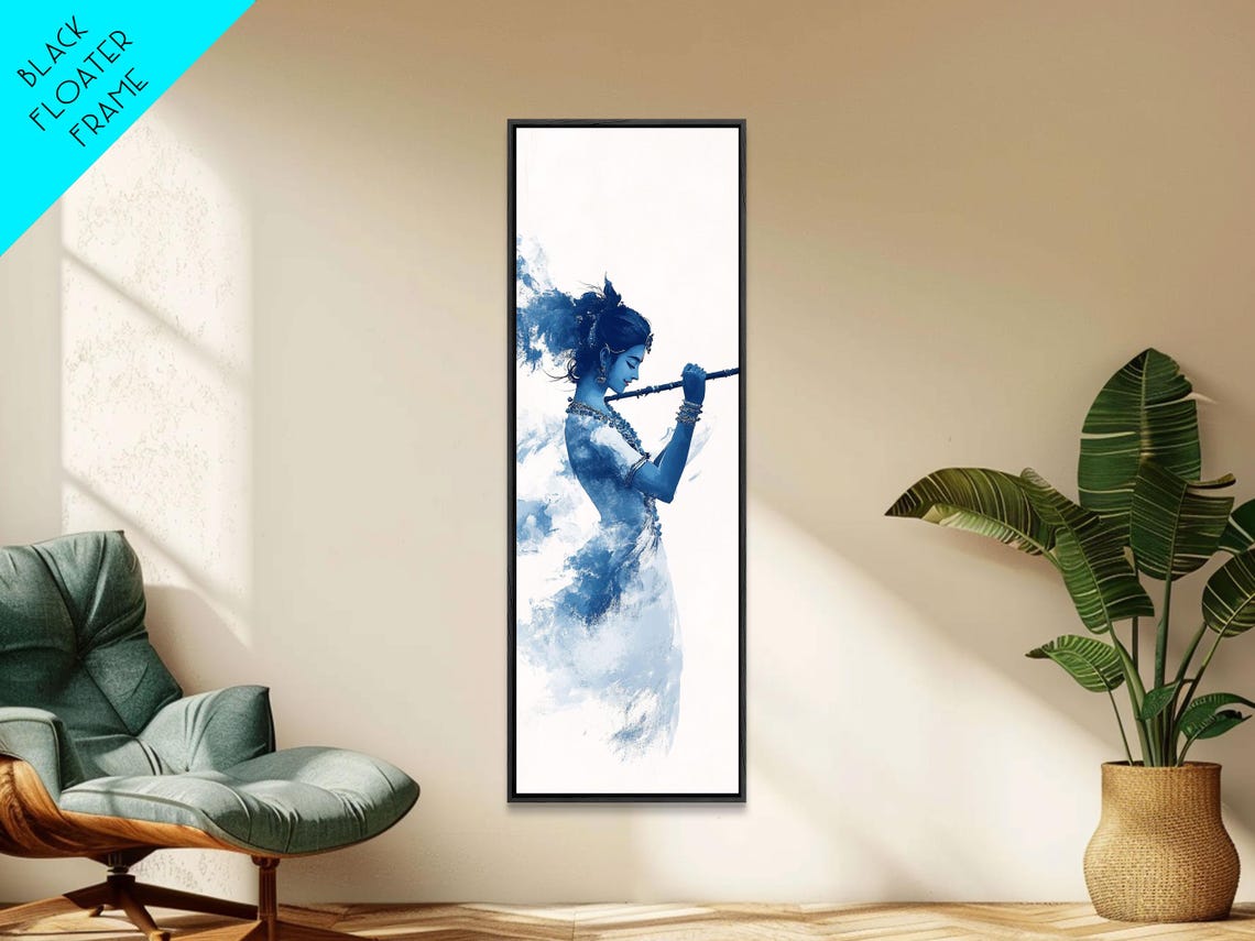 Krishna Playing Flute Blue Watercolor Hindu Devotional Art Poster - Image 3