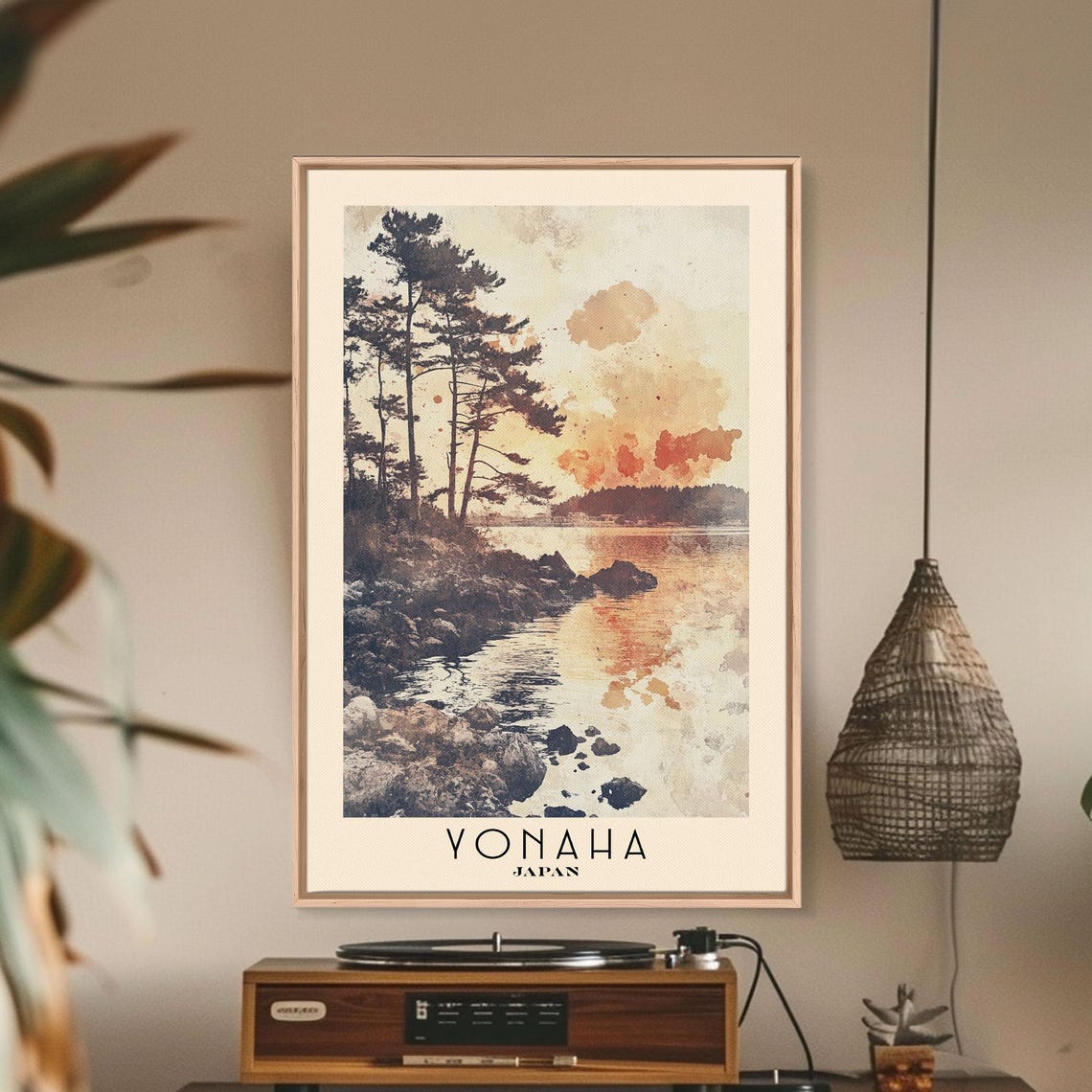 Yonaha Japan Rocky Shoreline Pine Trees Sunset Watercolor Poster - Image 3