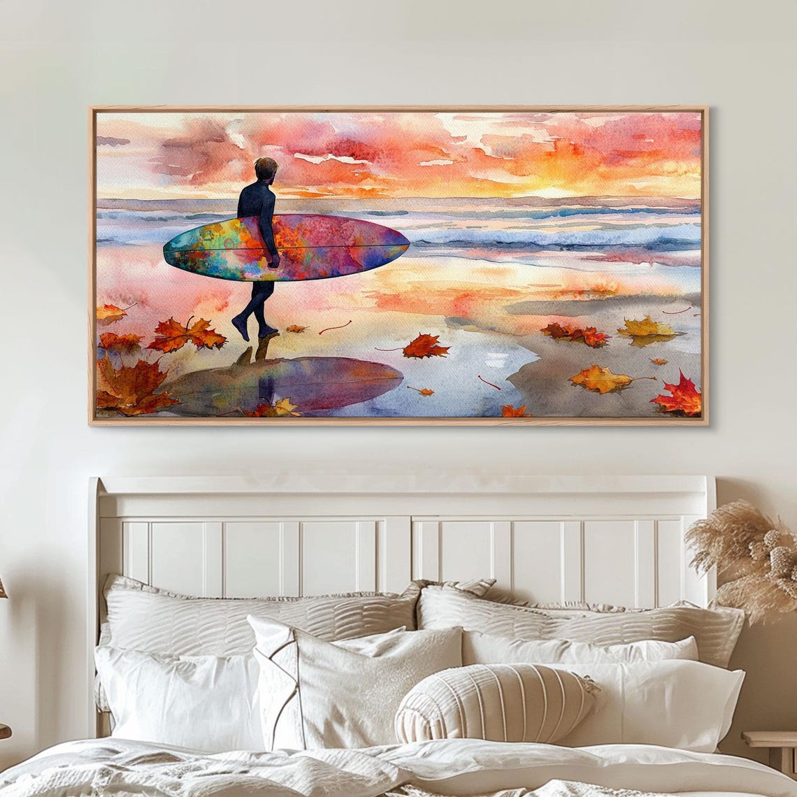 Autumn Surfing Sunset Surfer Colorful Board Maple Leaves Beach Poster - Image 2