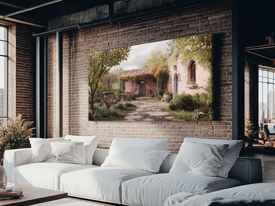 Mediterranean Pink Villa Courtyard Garden Stone Path Art Poster - Image 4