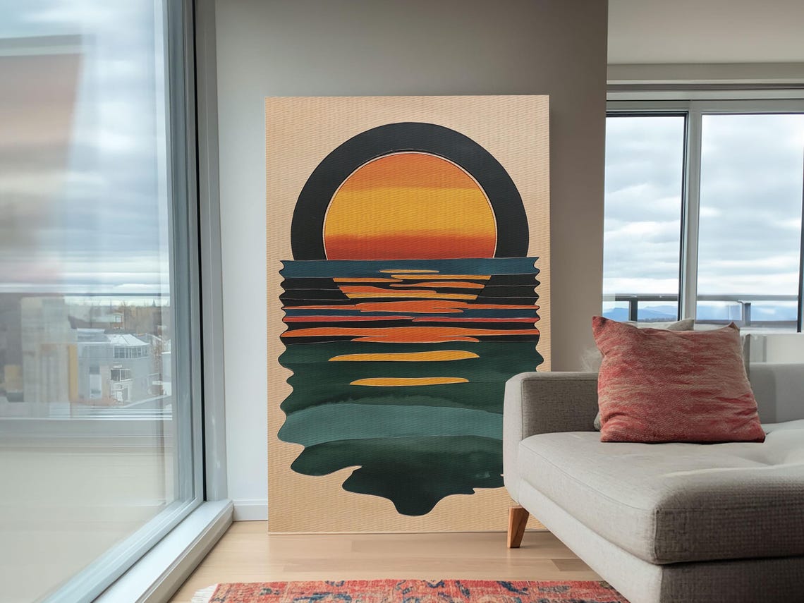 Art Deco Sunset Over Emerald Ocean Waves Minimalist Retro Art Poster - Image 4