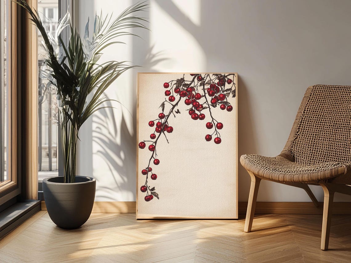 Red Holly Berries Branch Christmas Minimalist Botanical Wall Poster - Image 6