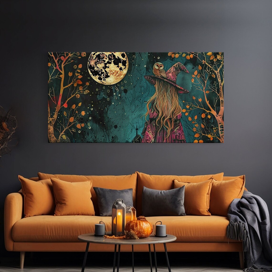 Victorian Witch With Owl Familiar Gazing At Full Moon Art Print - Image 3