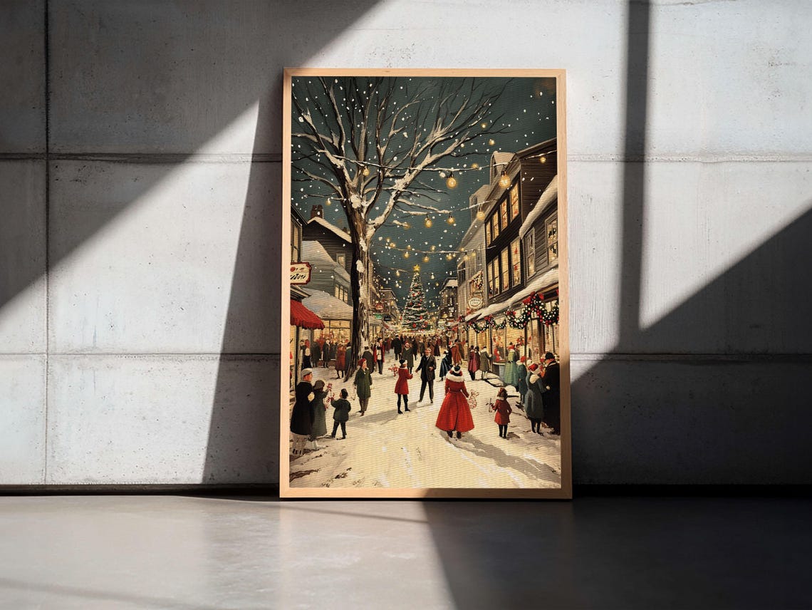 Christmas Eve Town Square Crowd Snowy Night Vintage Painting Poster - Image 4