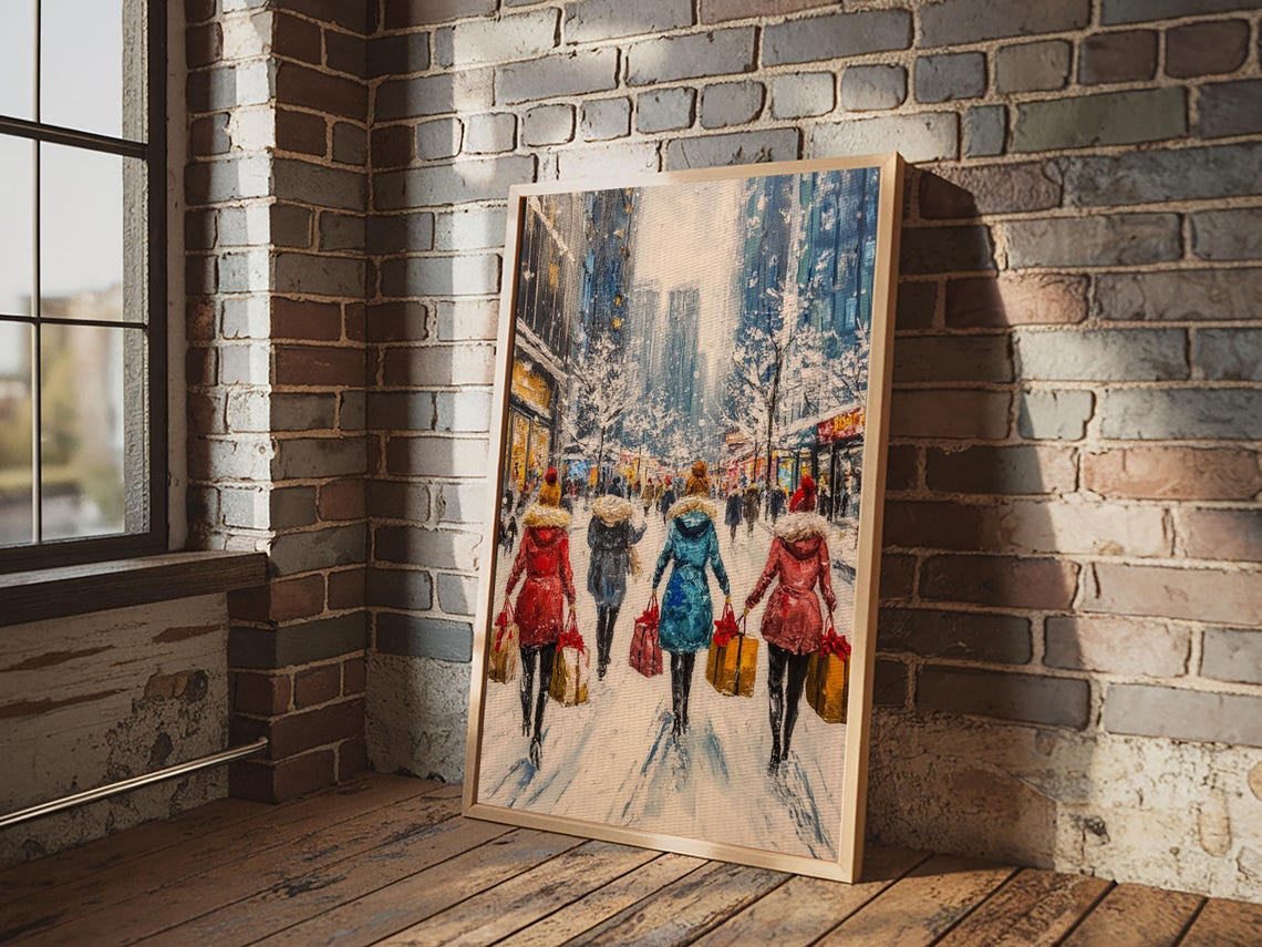 Vintage Christmas Town Street With Holiday Shoppers Snow Scene Art - Image 5