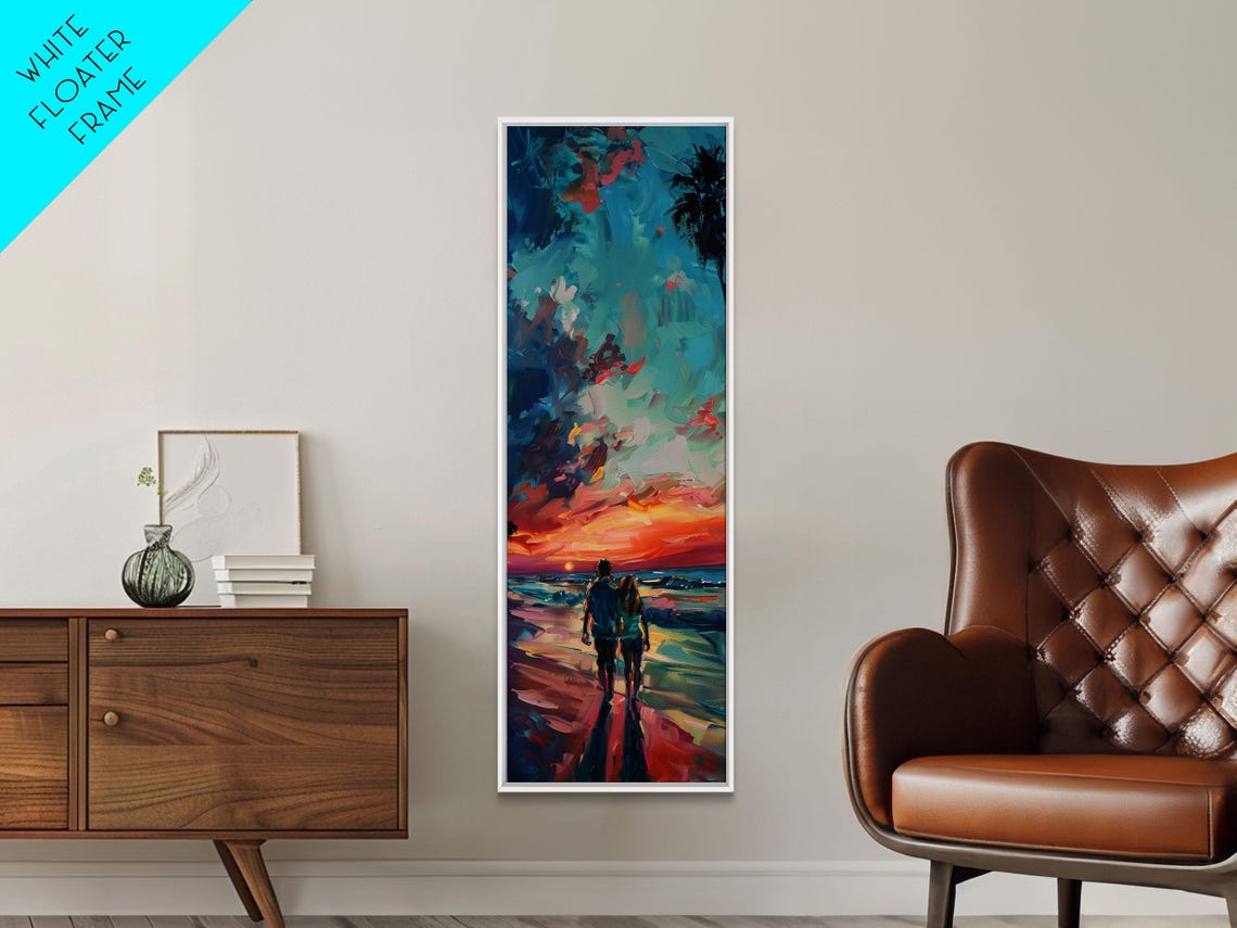 Framed Oil Painting Of Sunset On Beach Coastal Wall Art Print Colorful Beach Art Impasto Painting Long And Narrow Landscape Art - Image 6