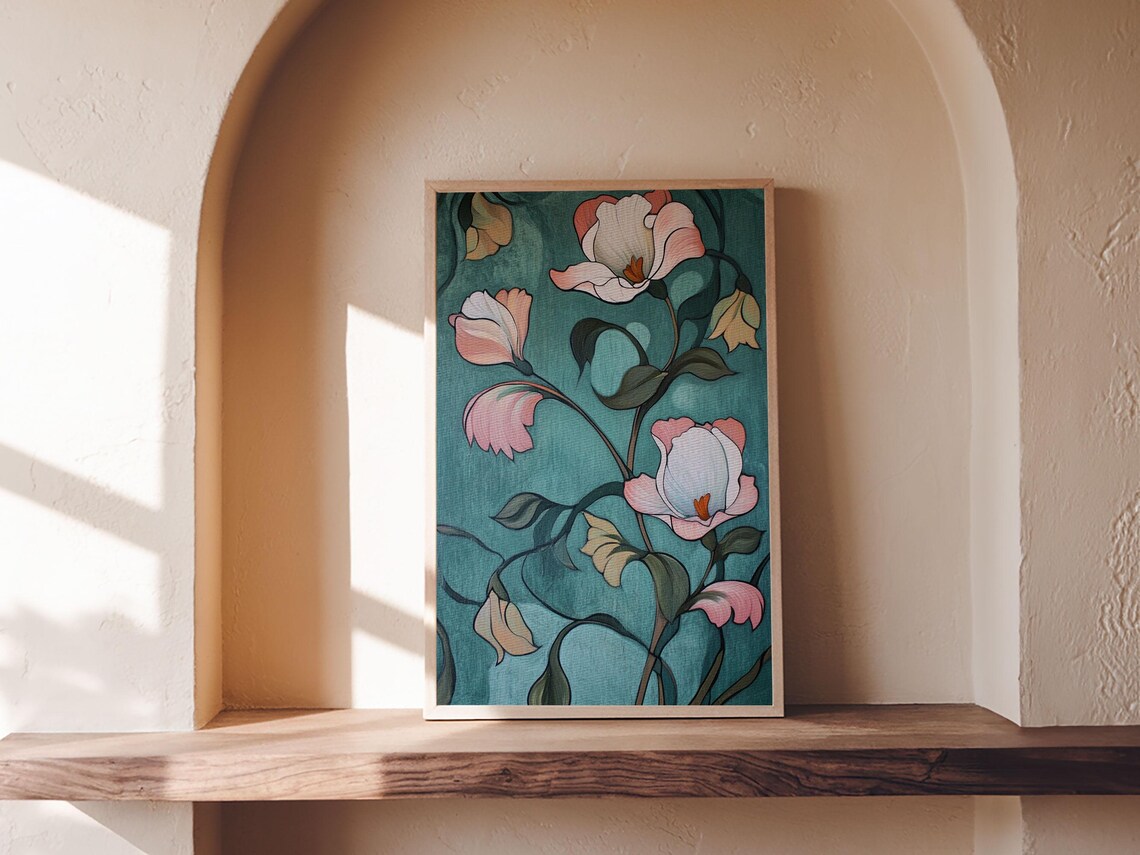 Pink Roses Teal Background Botanical Floral Elegant Wall Art Poster - Image 5