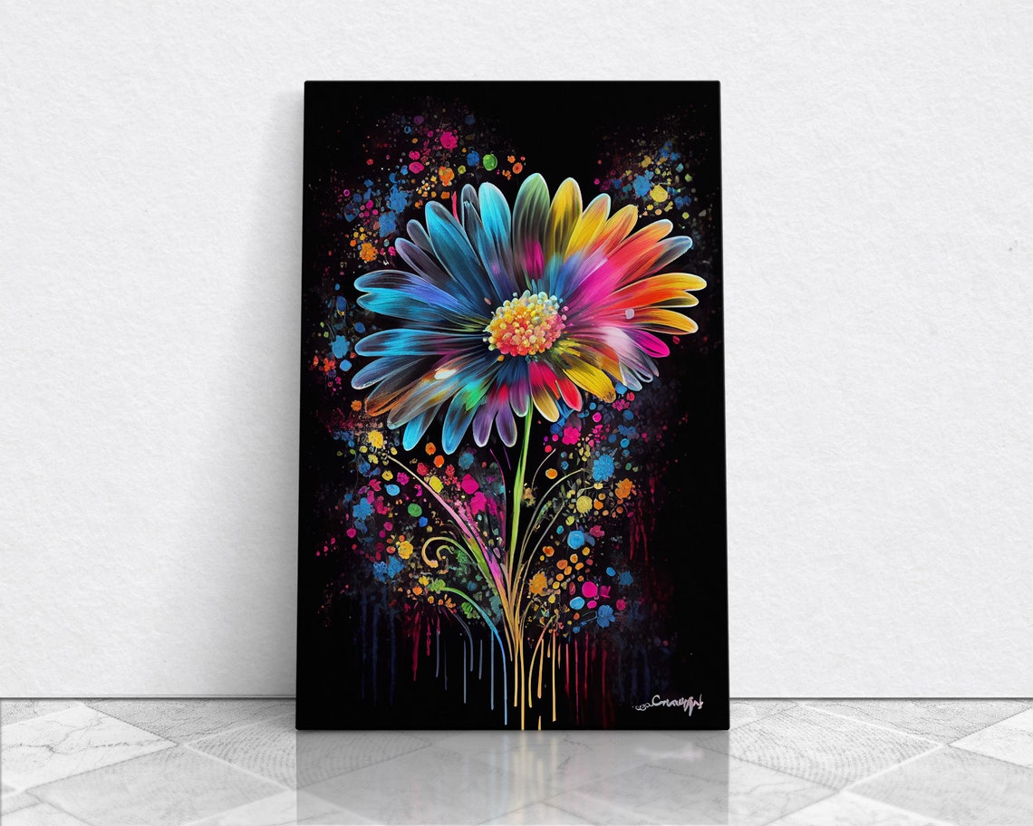 Neon Rainbow Daisy Flower Graffiti Splatter Black Background Poster - Image 5
