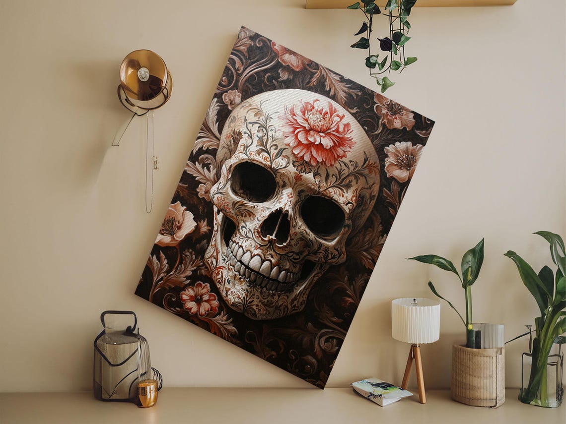 White Floral Skull Blossom Gothic Dark Botanical Skull Wall Art Poster - Image 6