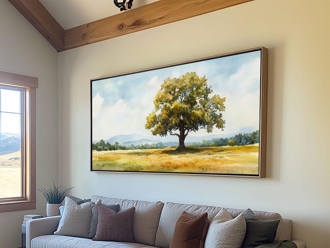 Lone Tree Golden Meadow Distant Mountains Watercolor Country Poster - Image 6