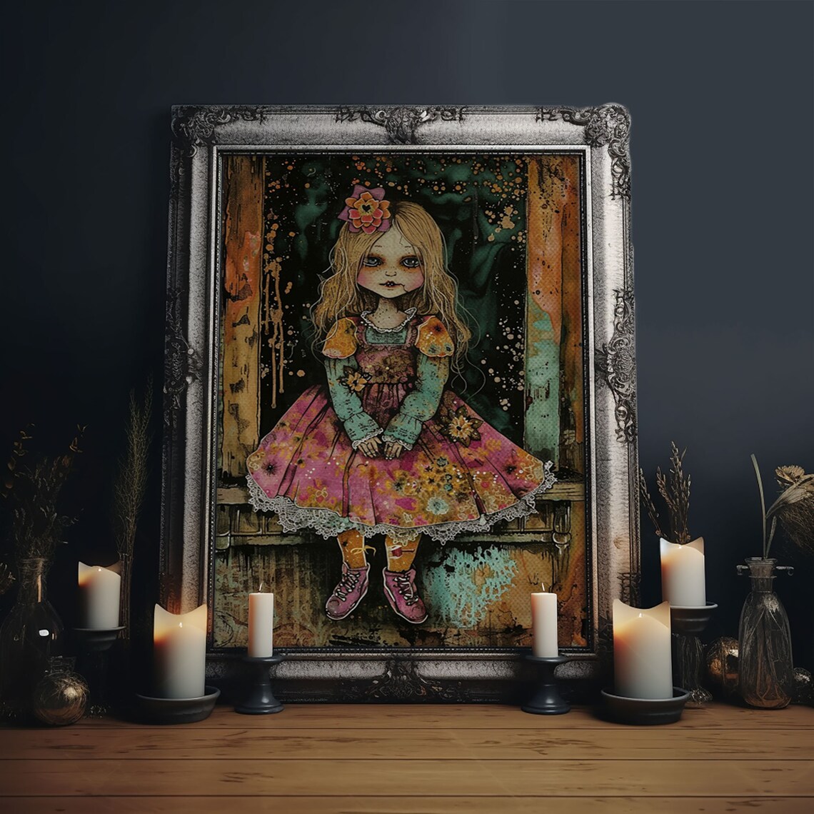 Creepy Doll Girl Pink Floral Dress Vintage Spooky Doll Art Poster