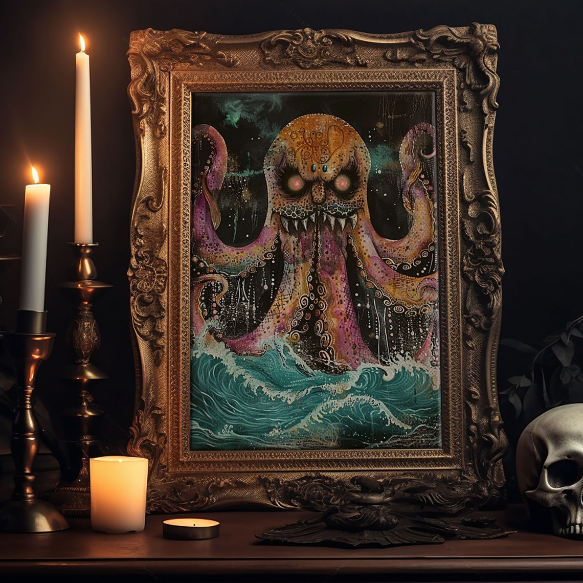 Giant Octopus Sea Monster Glowing Eyes Teal Waves Art Poster - Image 6