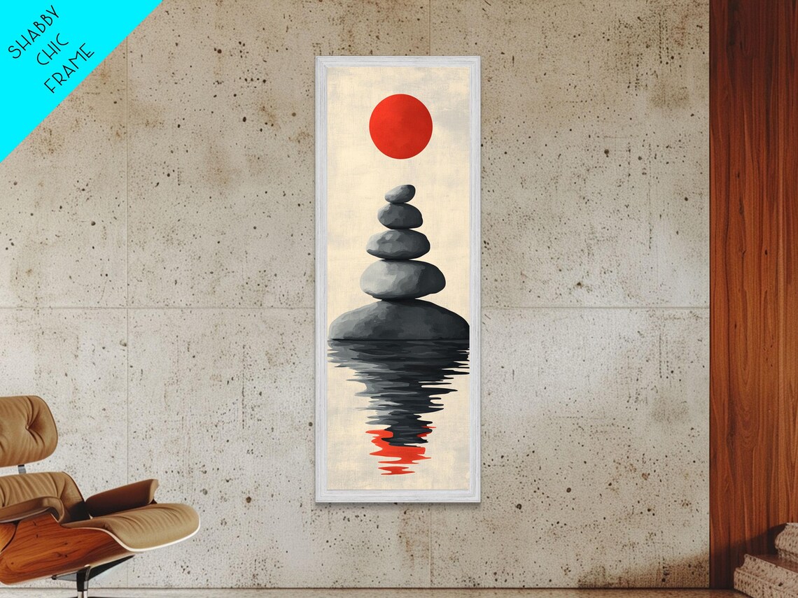 Zen Balanced Stone Cairn Red Sun Japanese Minimalist Wall Art Poster - Image 2