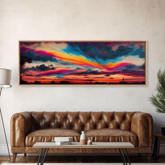 Beautiful Panoramic Watercolor Sunset Extra Large Wall Art Framed Panoramic Print Framed Wall Art