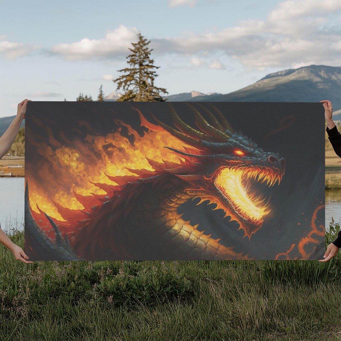Fire Breathing Dragon Head Fantasy Art Fiery Horned Dragon Dark Wall Poster - Image 6