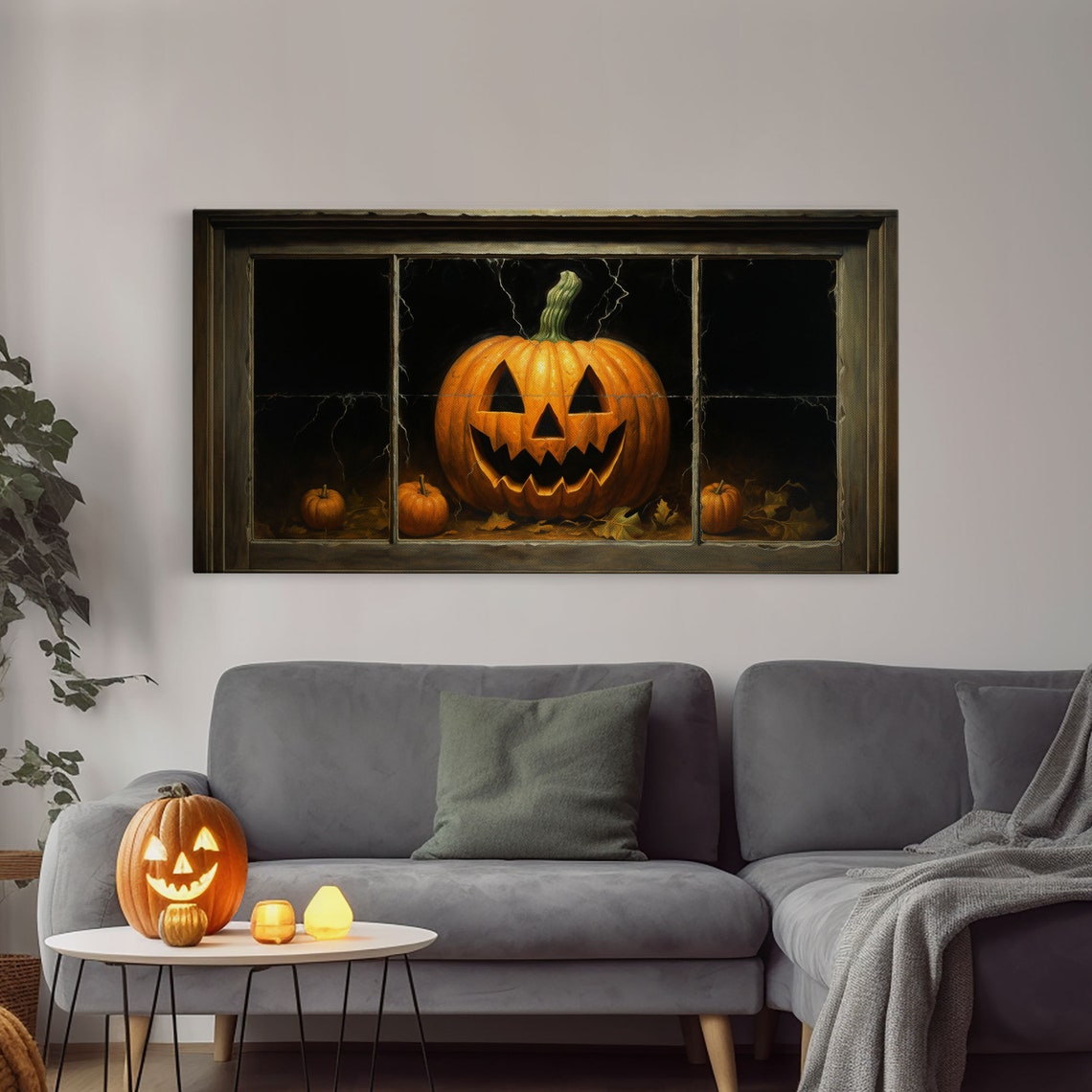 Glowing Jack O Lantern In Dark Window Frame Vintage Halloween Print - Image 3