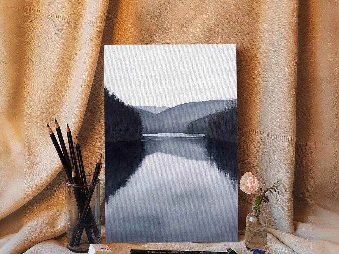 Moody Grayscale Mountain Lake Foggy Forest Black White Landscape Print - Image 6