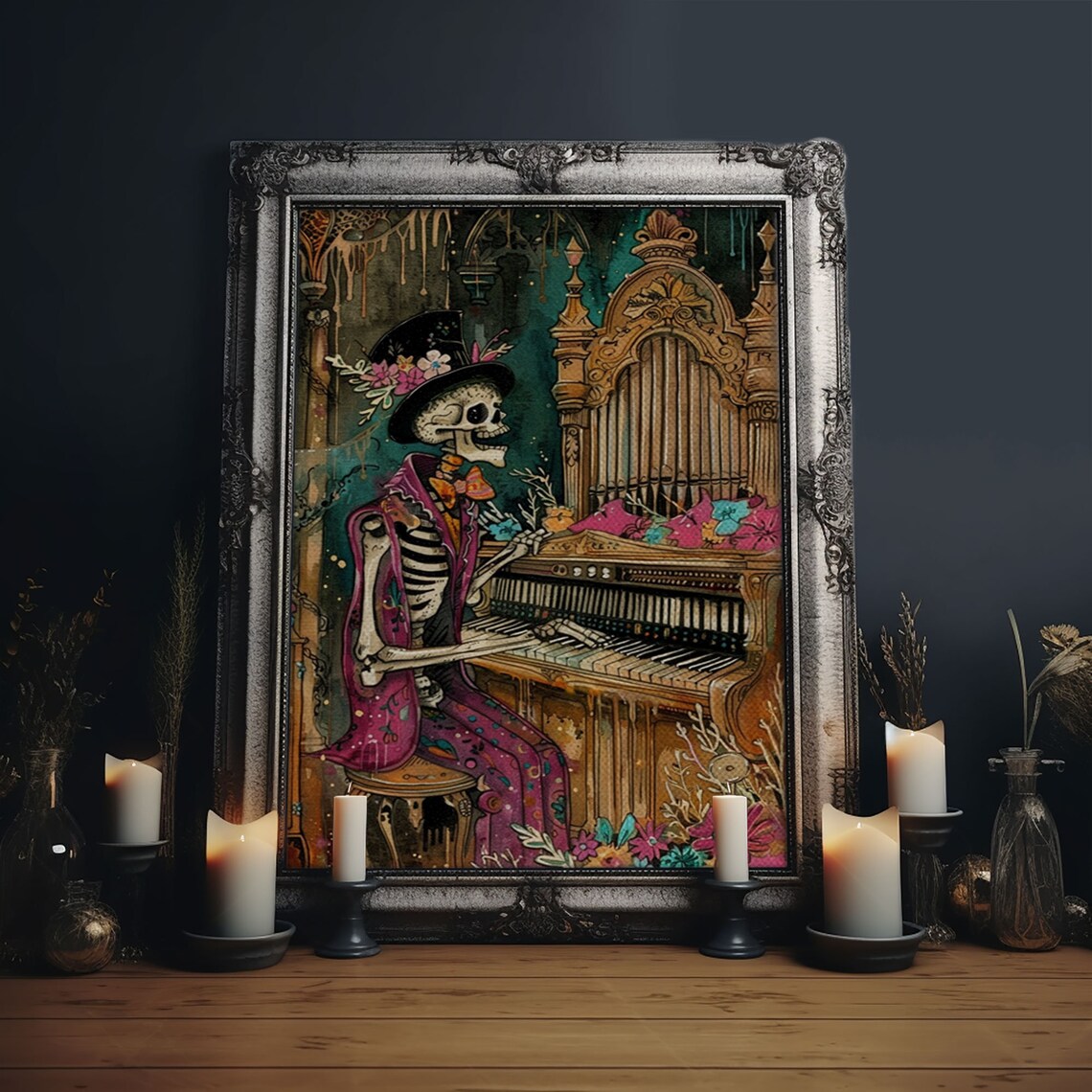 Skeleton Organ Player Flower Top Hat Gothic Church Art Poster