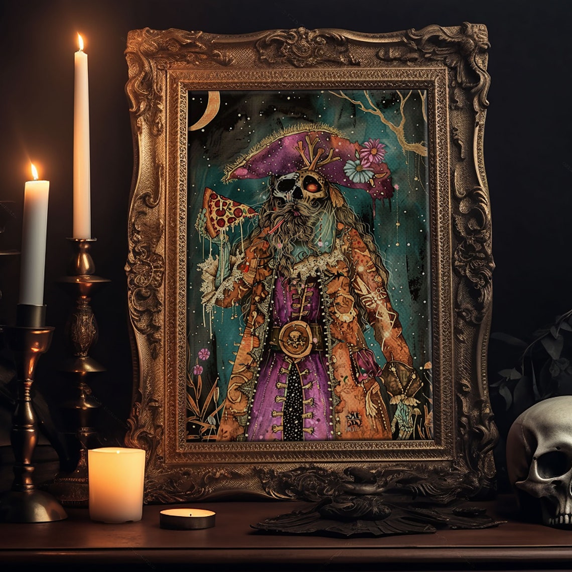 Skeleton Pirate Pizza Tricorn Hat Moonlit Night Fun Art Poster - Image 6