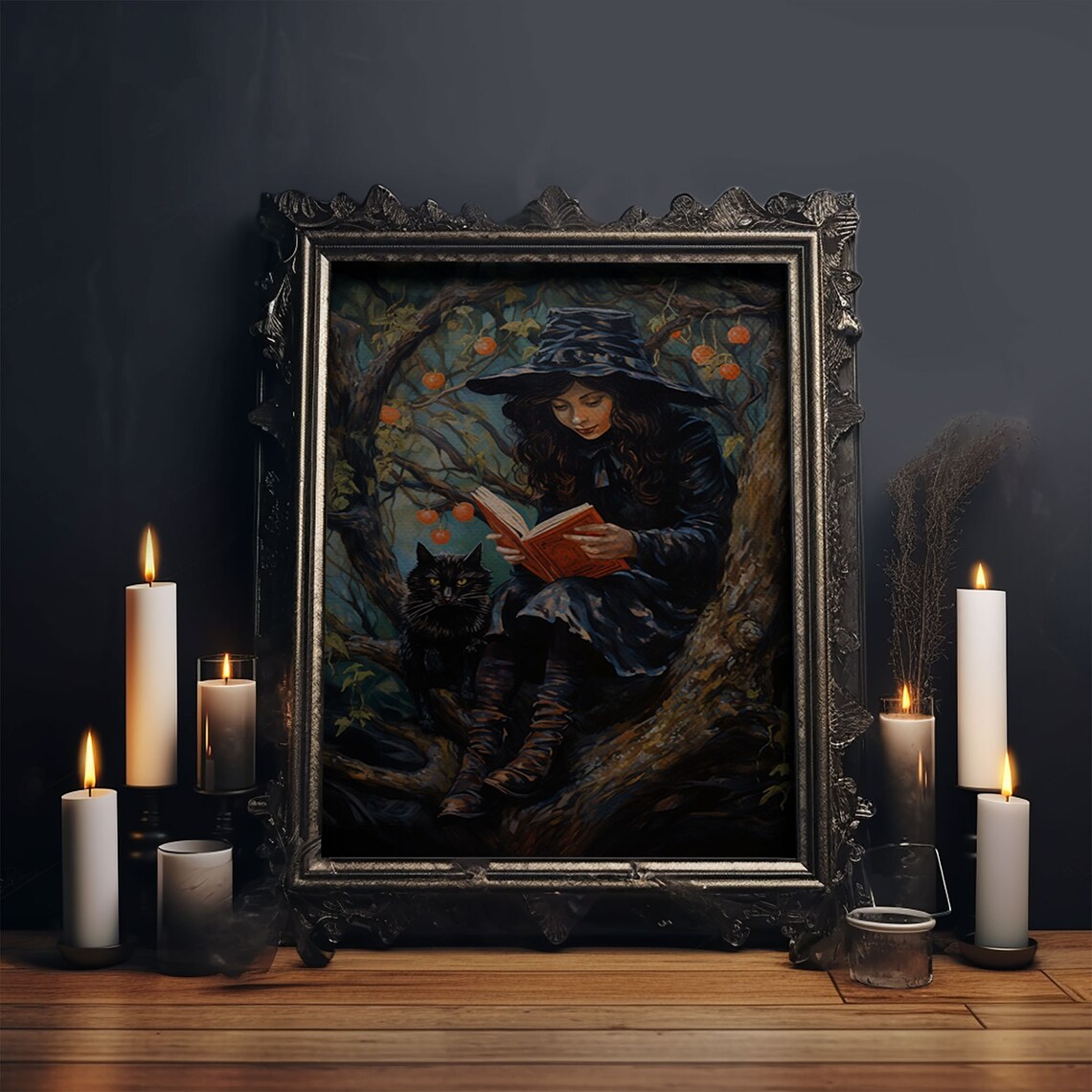 Witch Reading Spell Book In Tree With Black Cat Vintage Halloween Print - Image 5