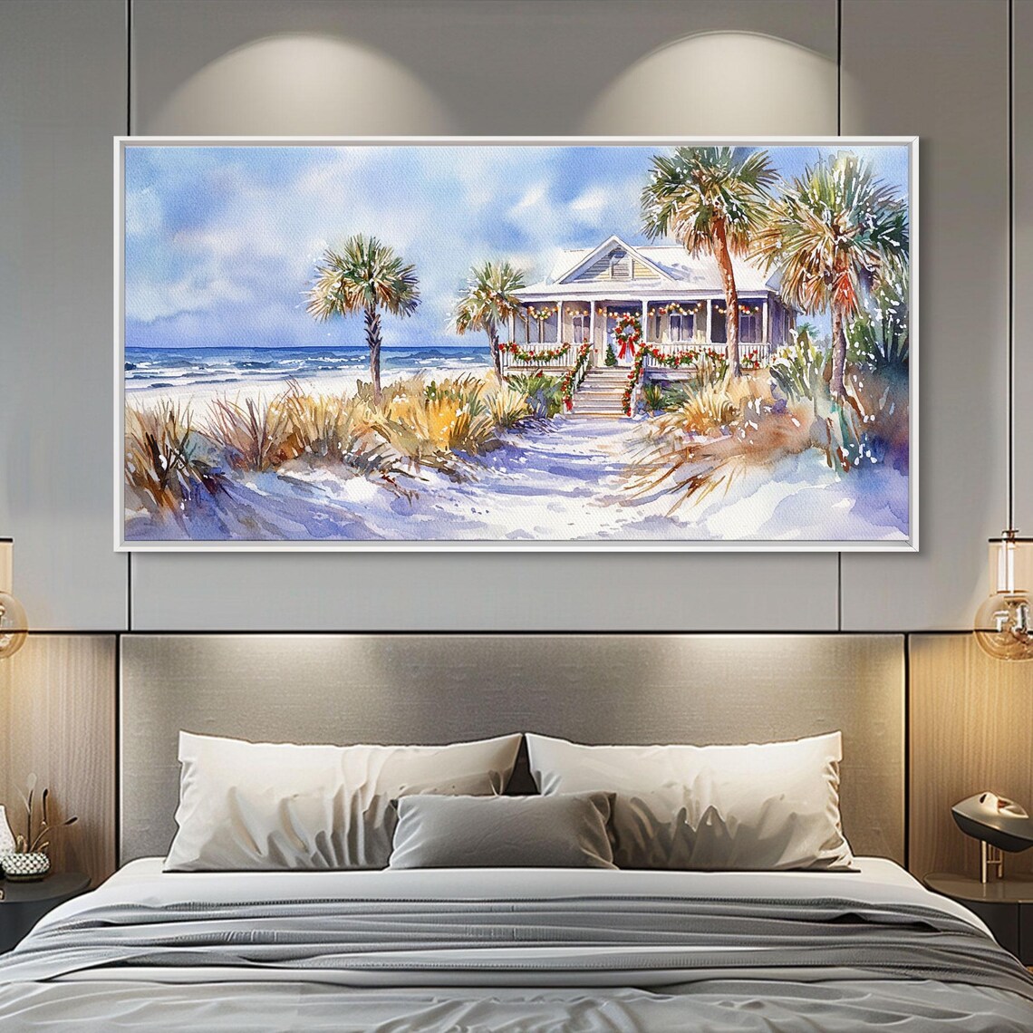 Sunny Tropical Beach House Christmas Palms Ocean Waves Art Print - Image 5