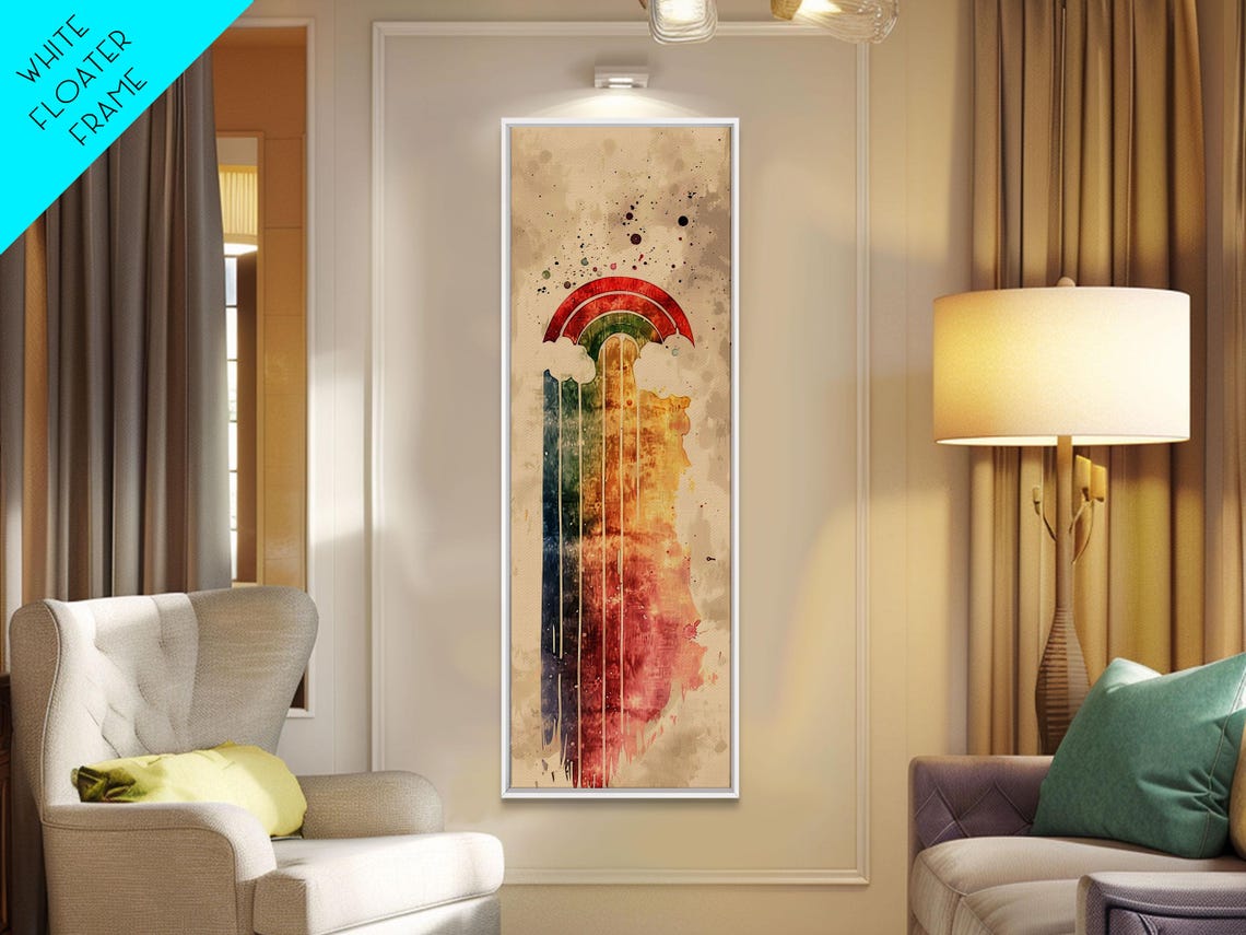 Vintage Inspired Rainbow Waterfall Ukiyo E Art Skinny Framed Print In Neutral Tones